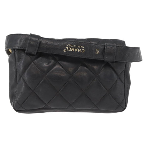 CHANEL Matelasse Waist bag Lamb Skin Black Gold CC Auth mr2227