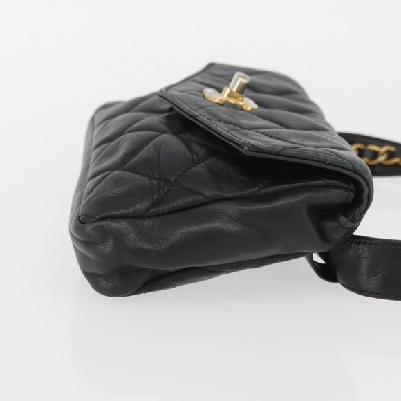CHANEL Matelasse Waist bag Lamb Skin Black Gold CC Auth mr2227