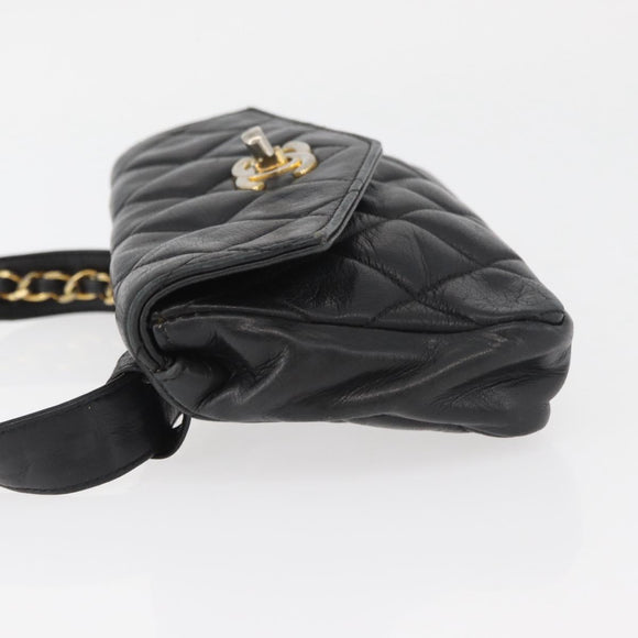 CHANEL Matelasse Waist bag Lamb Skin Black Gold CC Auth mr2227