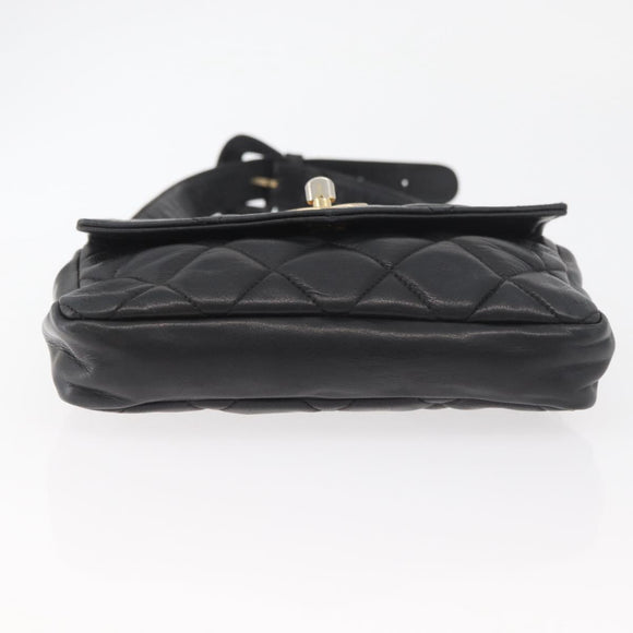 CHANEL Matelasse Waist bag Lamb Skin Black Gold CC Auth mr2227
