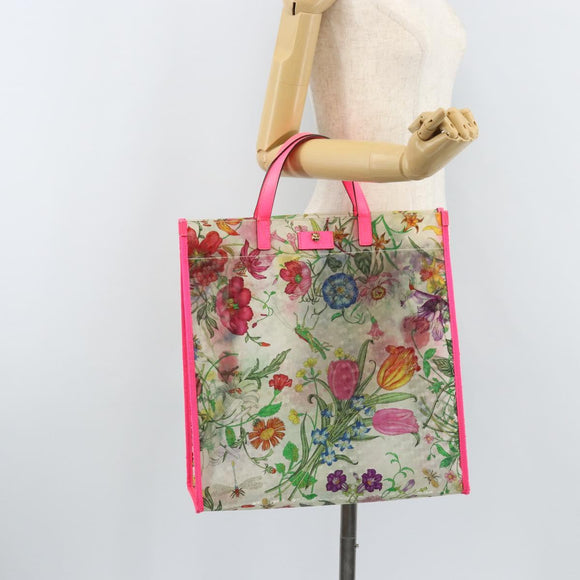 GUCCI Flora Pattern Hand Bag Vinyl Clear Pink 548713 Auth mr2229