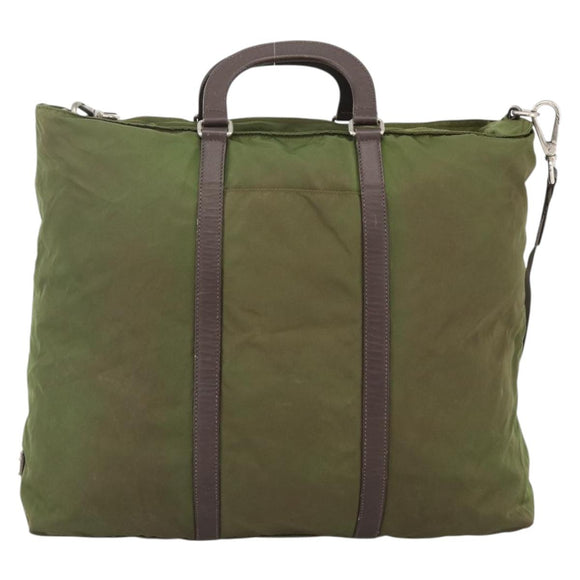 PRADA Hand Bag Nylon 2way Khaki Silver Auth mr2230