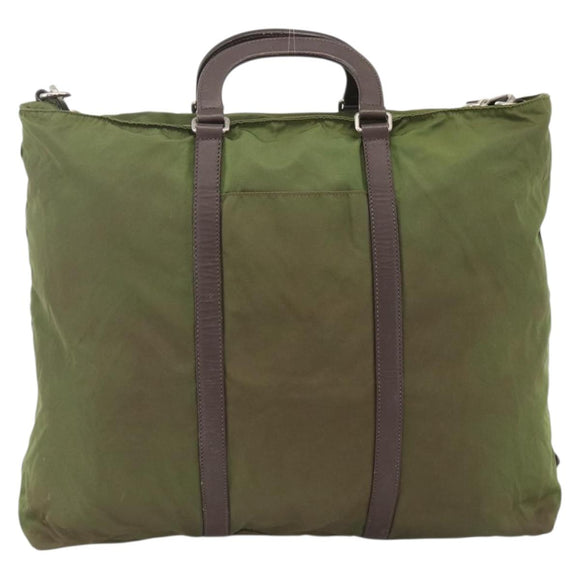 PRADA Hand Bag Nylon 2way Khaki Silver Auth mr2230