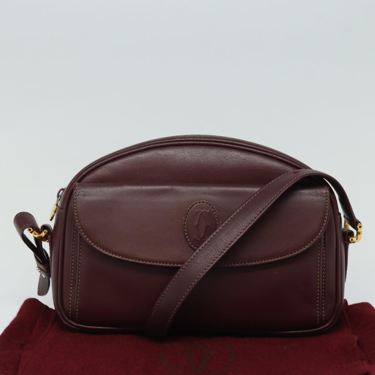 CARTIER Shoulder Bag Leather Bordeaux Auth mr224