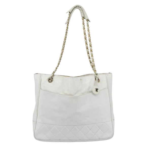 CHANEL Chain Shoulder Bag Leather White Gold CC Auth mr2247
