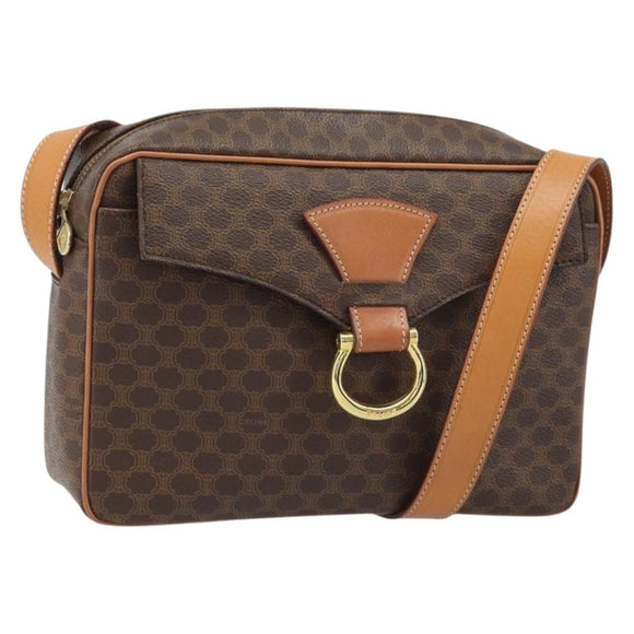 CELINE Macadam Canvas Umhängetasche PVC Leder Braun Gold Auth mr2269A