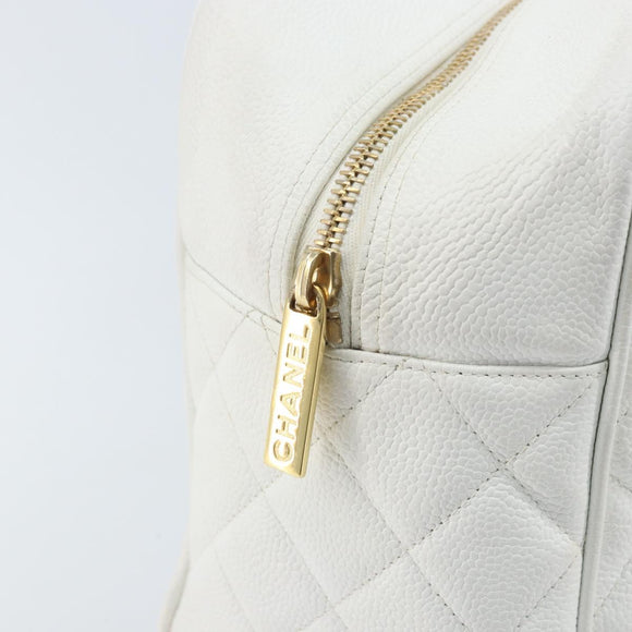 CHANEL Matelasse Boston Bag Caviar Skin White Gold CC Auth mr2276