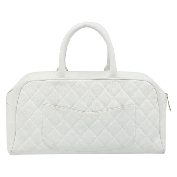 CHANEL Matelasse Boston Bag Caviar Skin White Gold CC Auth mr2276