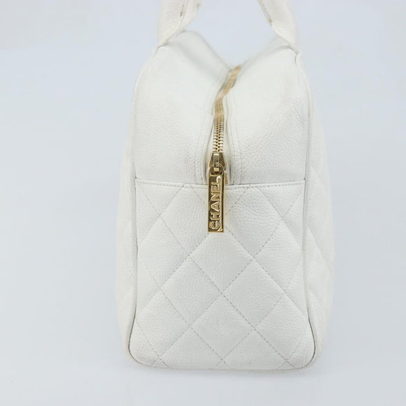 CHANEL Matelasse Boston Bag Caviar Skin White Gold CC Auth mr2276