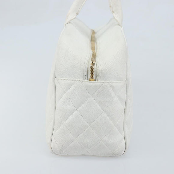 CHANEL Matelasse Boston Bag Caviar Skin White Gold CC Auth mr2276
