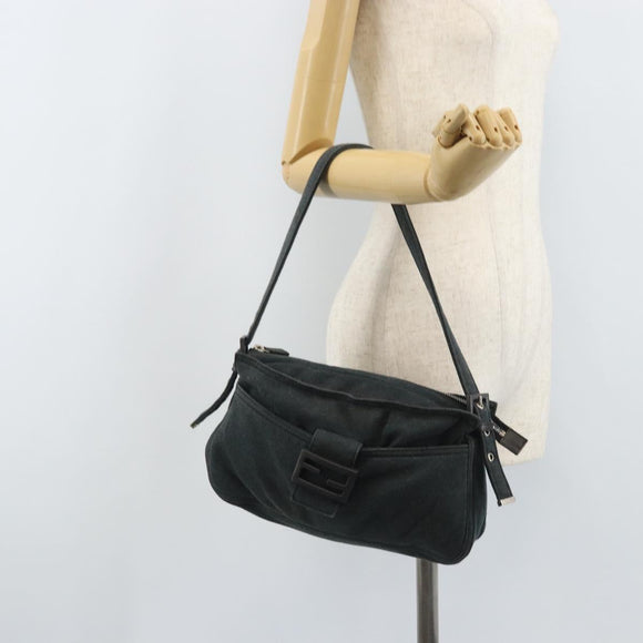 FENDI Mamma Baguette Hand Bag cotton Gray Silver Auth mr2293