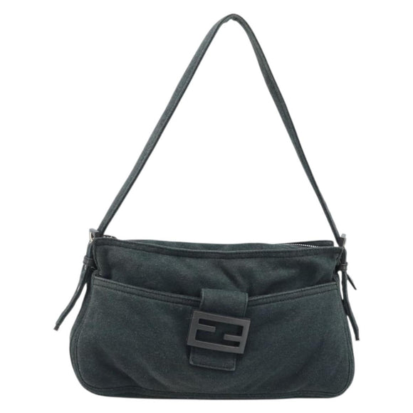 FENDI Mamma Baguette Hand Bag cotton Gray Silver Auth mr2293