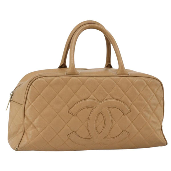 CHANEL Matelasse Boston Bag Caviar Skin Beige Gold CC Auth mr2295