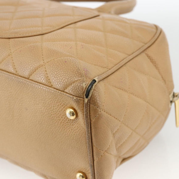 CHANEL Matelasse Boston Bag Caviar Skin Beige Gold CC Auth mr2295