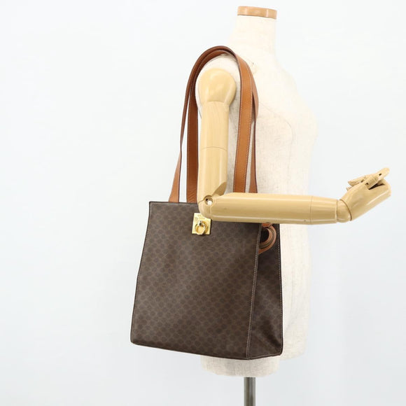CELINE Macadam Canvas Tote Bag PVC Leather Brown Gold Auth mr2299A