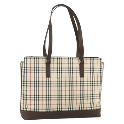 BURBERRY Nova Check Tote Bag Canvas Leather Beige Silver Auth mr2303