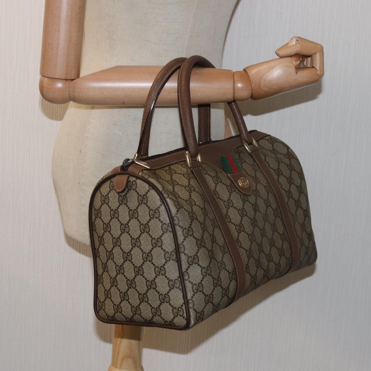 GUCCI GG Supreme Web Sherry Line Hand Bag PVC Beige Red 000 904 2007 Auth mr231