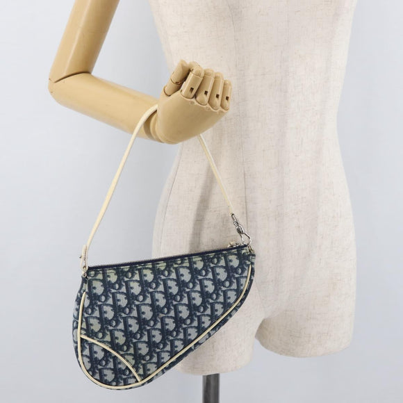 Christian Dior Trotter Canvas Satteltasche Handtasche PVC Blau Silber Auth mr2313A