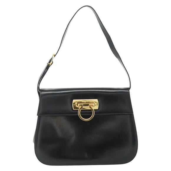 Salvatore Ferragamo Gancini Shoulder Bag Leather Black Gold Auth mr2337