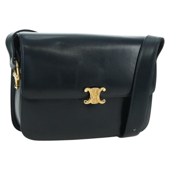CELINE Triomphe Shoulder Bag Leather Navy Gold Auth mr2338V