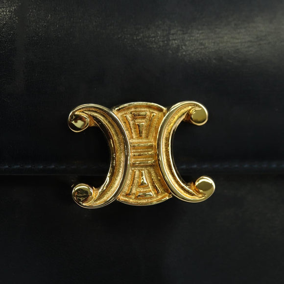 CELINE Triomphe Shoulder Bag Leather Navy Gold Auth mr2338V