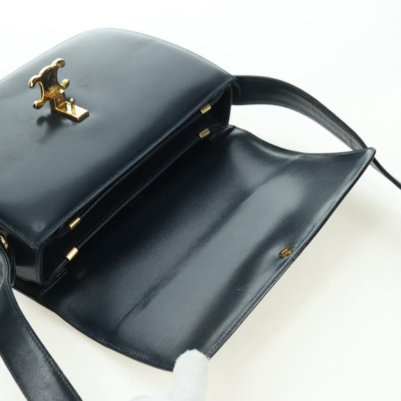CELINE Triomphe Shoulder Bag Leather Navy Gold Auth mr2338V