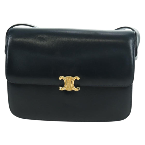 CELINE Triomphe Shoulder Bag Leather Navy Gold Auth mr2338V