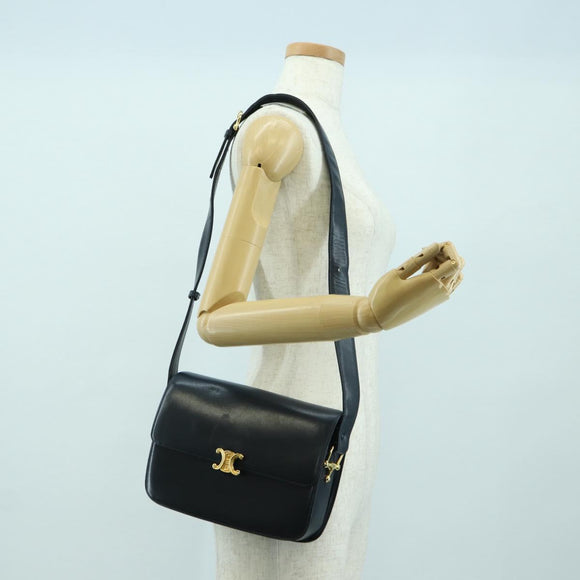 CELINE Triomphe Shoulder Bag Leather Navy Gold Auth mr2338V