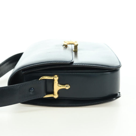 CELINE Triomphe Shoulder Bag Leather Navy Gold Auth mr2338V