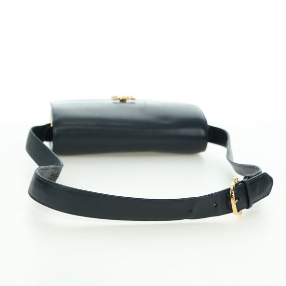 CELINE Triomphe Shoulder Bag Leather Navy Gold Auth mr2338V