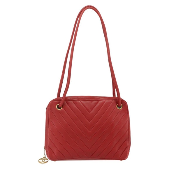 CHANEL V Stitch Shoulder Bag Lamb Skin Gold Red CC Auth mr2345