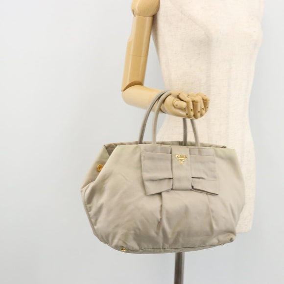 PRADA Ribbon Hand Bag Nylon Beige Gold Auth mr2363