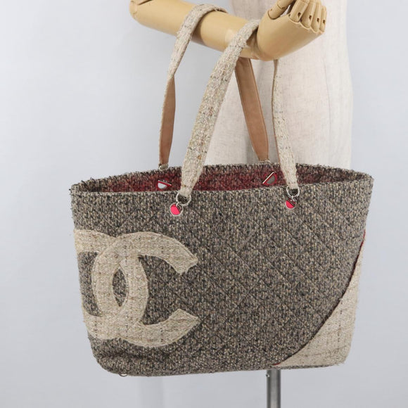 CHANEL Cambon Line Tote Bag Tweed Grau Silber CC Auth mr2380A