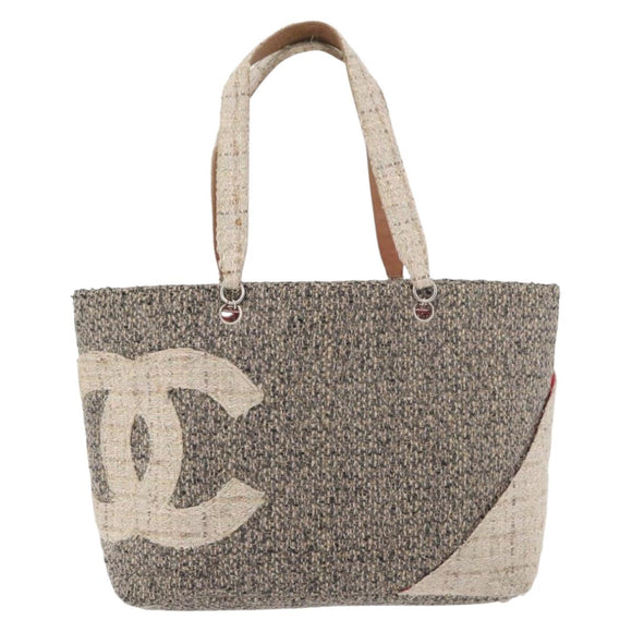 CHANEL Cambon Line Tote Bag Tweed Grau Silber CC Auth mr2380A