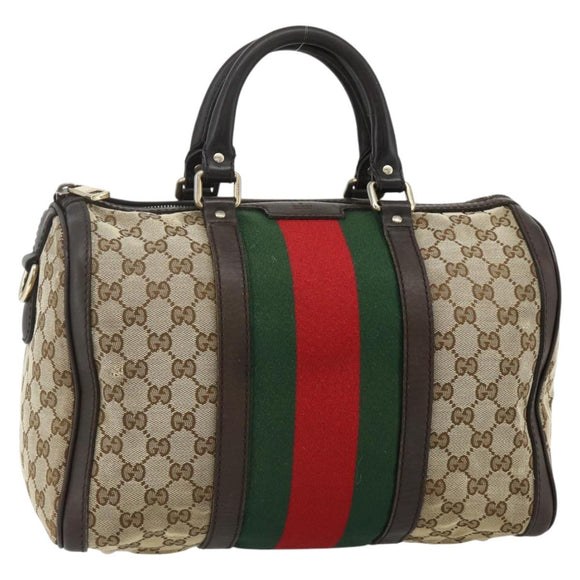 GUCCI GG Canvas Web Sherry Line Boston Bag Beige Gold Red 247205 Auth mr2388