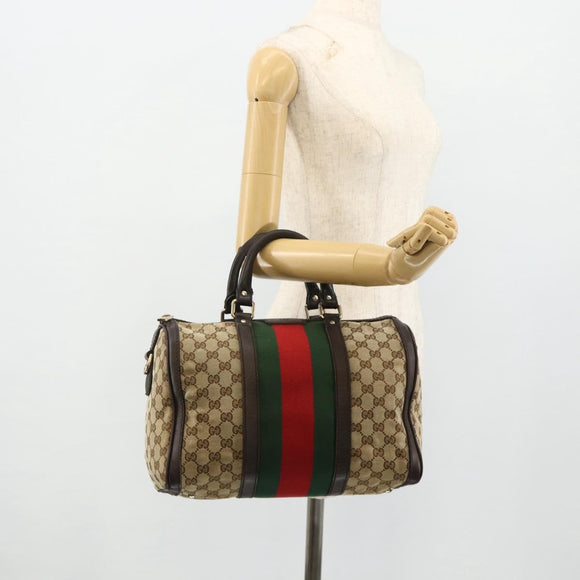 GUCCI GG Canvas Web Sherry Line Boston Bag Beige Gold Red 247205 Auth mr2388