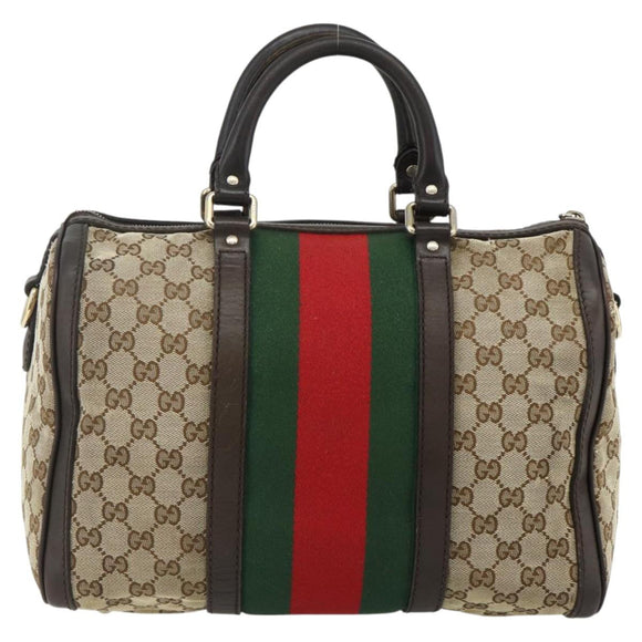 GUCCI GG Canvas Web Sherry Line Boston Bag Beige Gold Red 247205 Auth mr2388