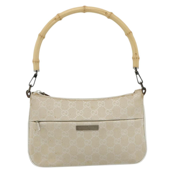 GUCCI GG Canvas Bamboo Hand Bag Silver Beige 001 3870 Auth mr2402