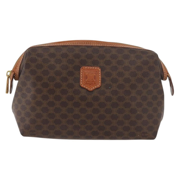 CELINE Macadam Canvas Vanity Pouch PVC Leather Brown Gold Auth mr2408