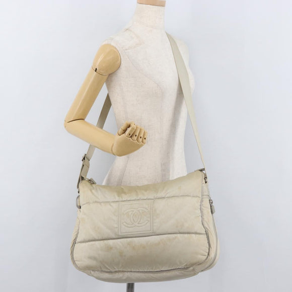 CHANEL Shoulder Bag Nylon Beige Silver CC Auth mr2413