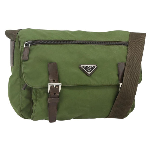 PRADA Shoulder Bag Nylon Khaki Silver Auth mr2417