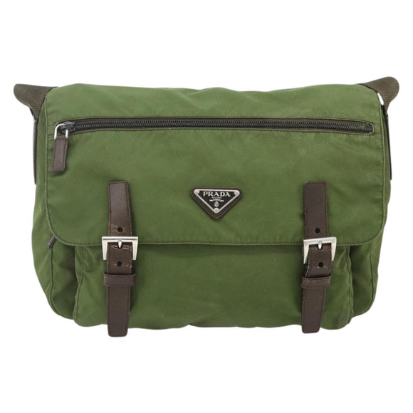 PRADA Shoulder Bag Nylon Khaki Silver Auth mr2417