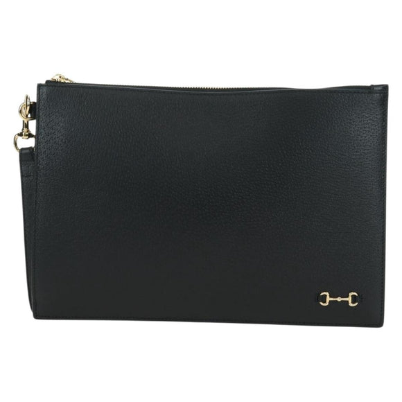 GUCCI Horsebit Clutch Bag Leather Black Gold 700524 Auth mr2429V