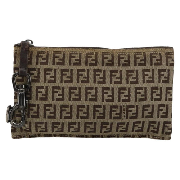 FENDI Zucchino Canvas Pouch Brown Silver Auth mr2431
