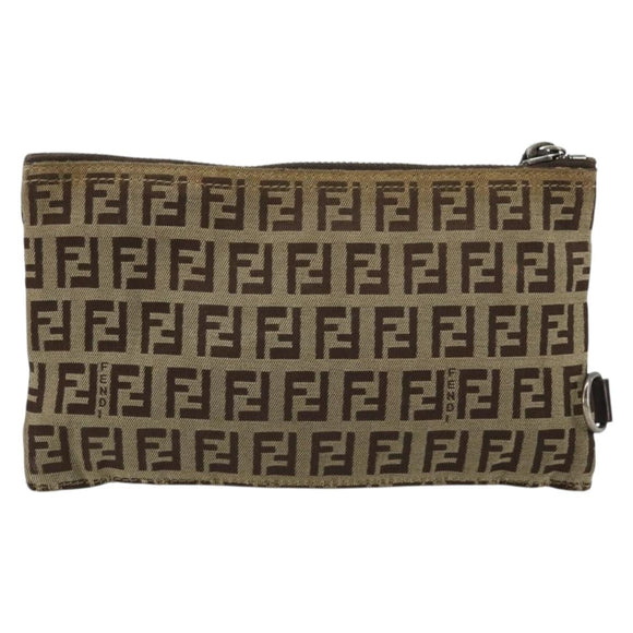 FENDI Zucchino Canvas Pouch Brown Silver Auth mr2431