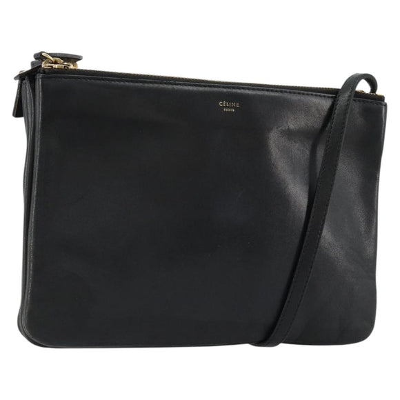 CELINE Trio Shoulder Bag Leather Black Gold Auth mr2435