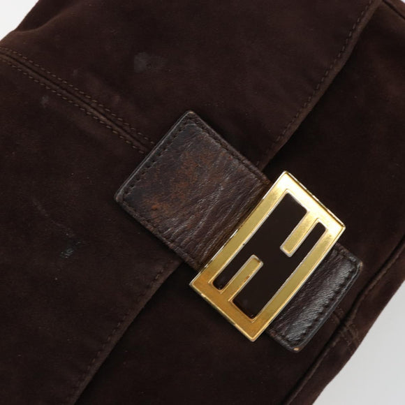 FENDI Mamma Baguette Shoulder Bag Suede Brown Gold Auth mr2436A