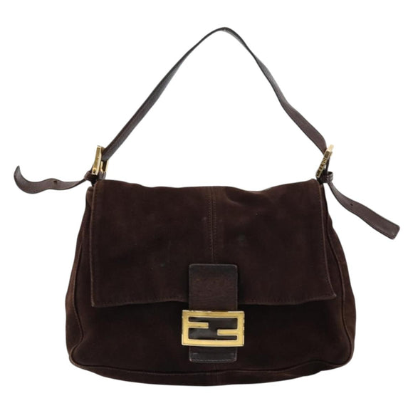FENDI Mamma Baguette Shoulder Bag Suede Brown Gold Auth mr2436A