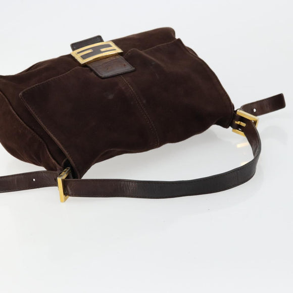 FENDI Mamma Baguette Shoulder Bag Suede Brown Gold Auth mr2436A