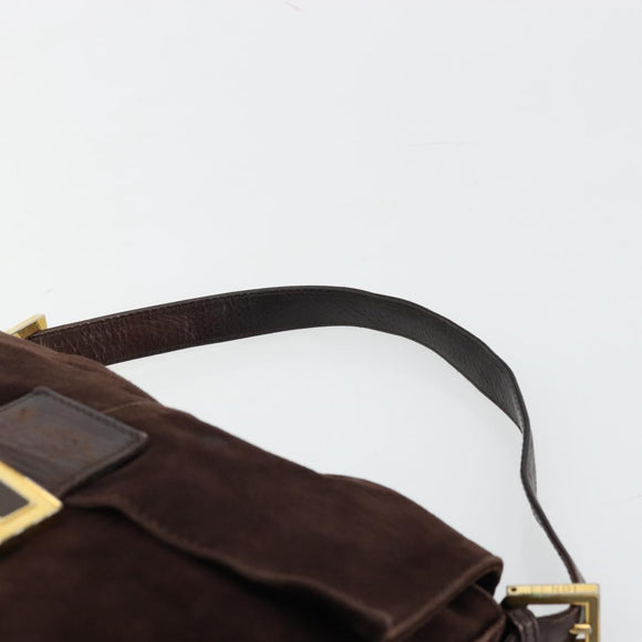 FENDI Mamma Baguette Shoulder Bag Suede Brown Gold Auth mr2436A